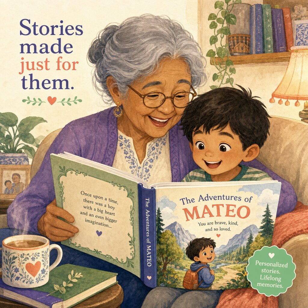 A grandparent and grandchild smiling together while reading a personalized hardcover picture book