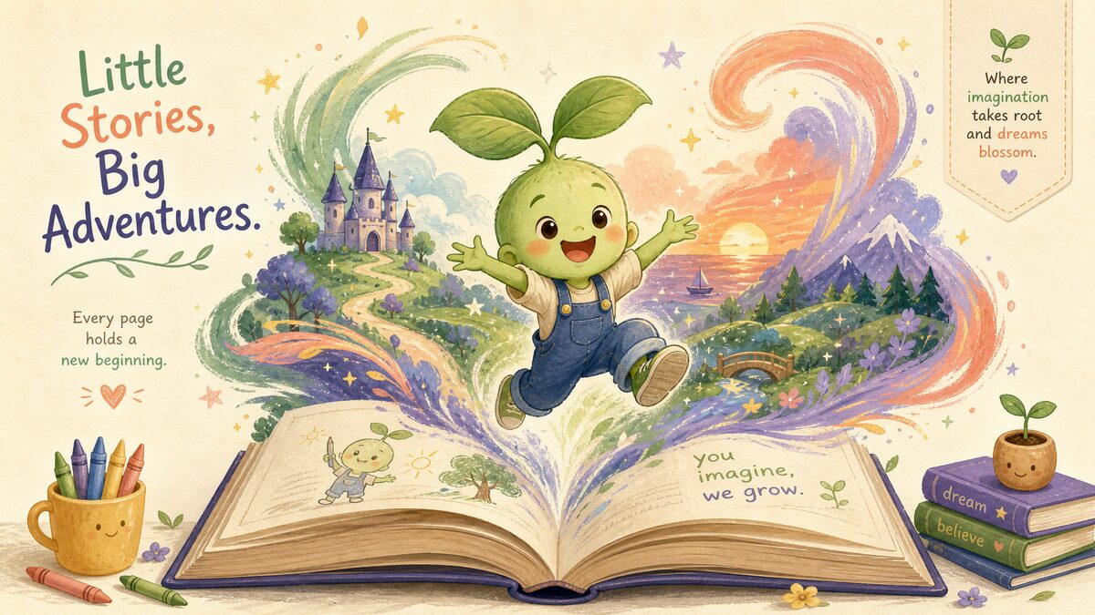 An open storybook with Sprig, the sapling-headed kid, leaping out as paint swirls into an illustrated world